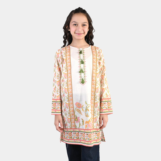 Girls Cotton Printed Kurti Orchid Floral Tassel Detail – Cream