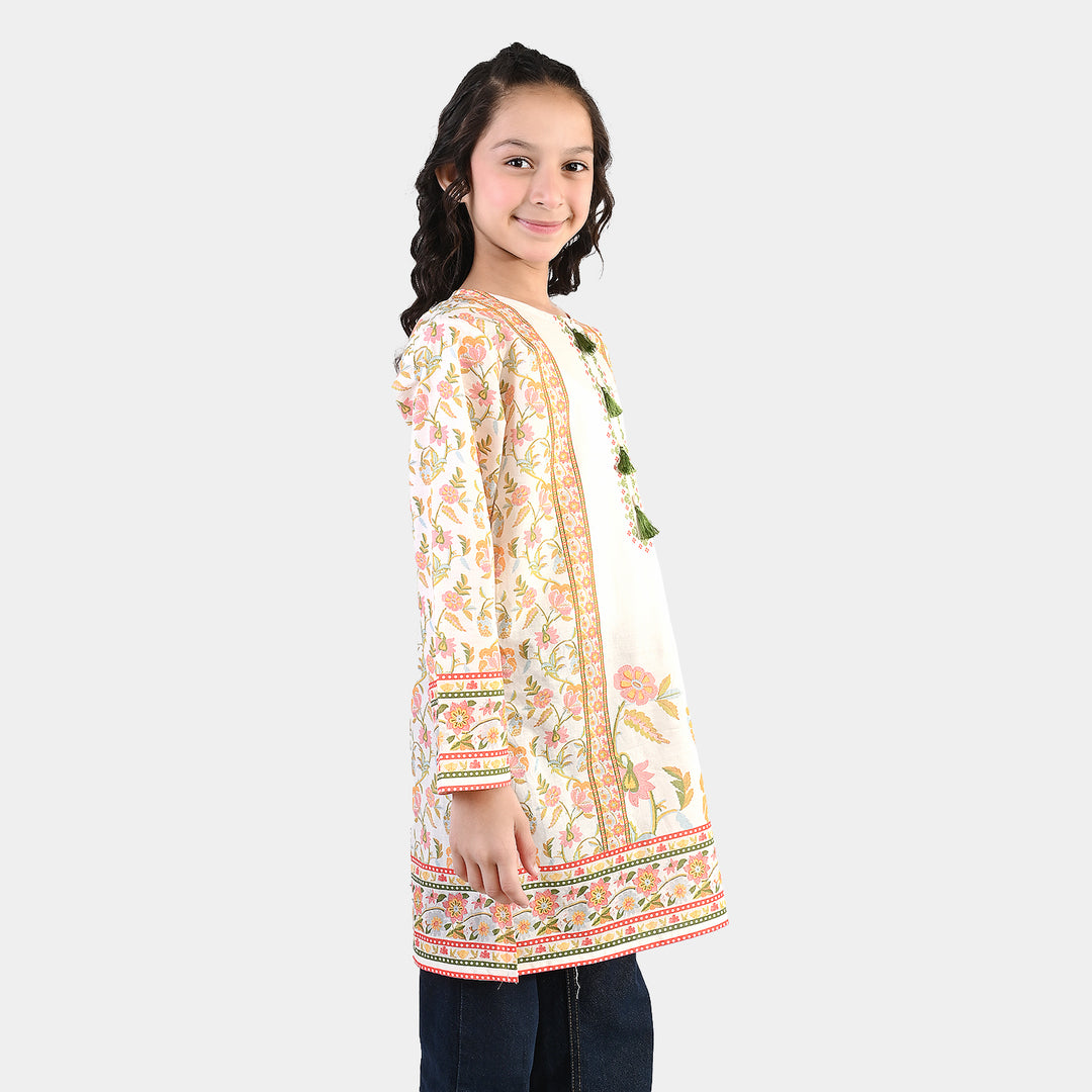 Girls Cotton Printed Kurti Orchid Floral Tassel Detail – Cream