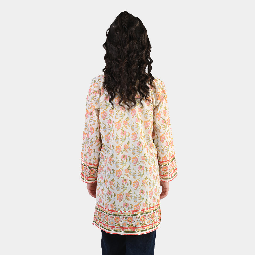 Girls Cotton Printed Kurti Orchid Floral Tassel Detail – Cream