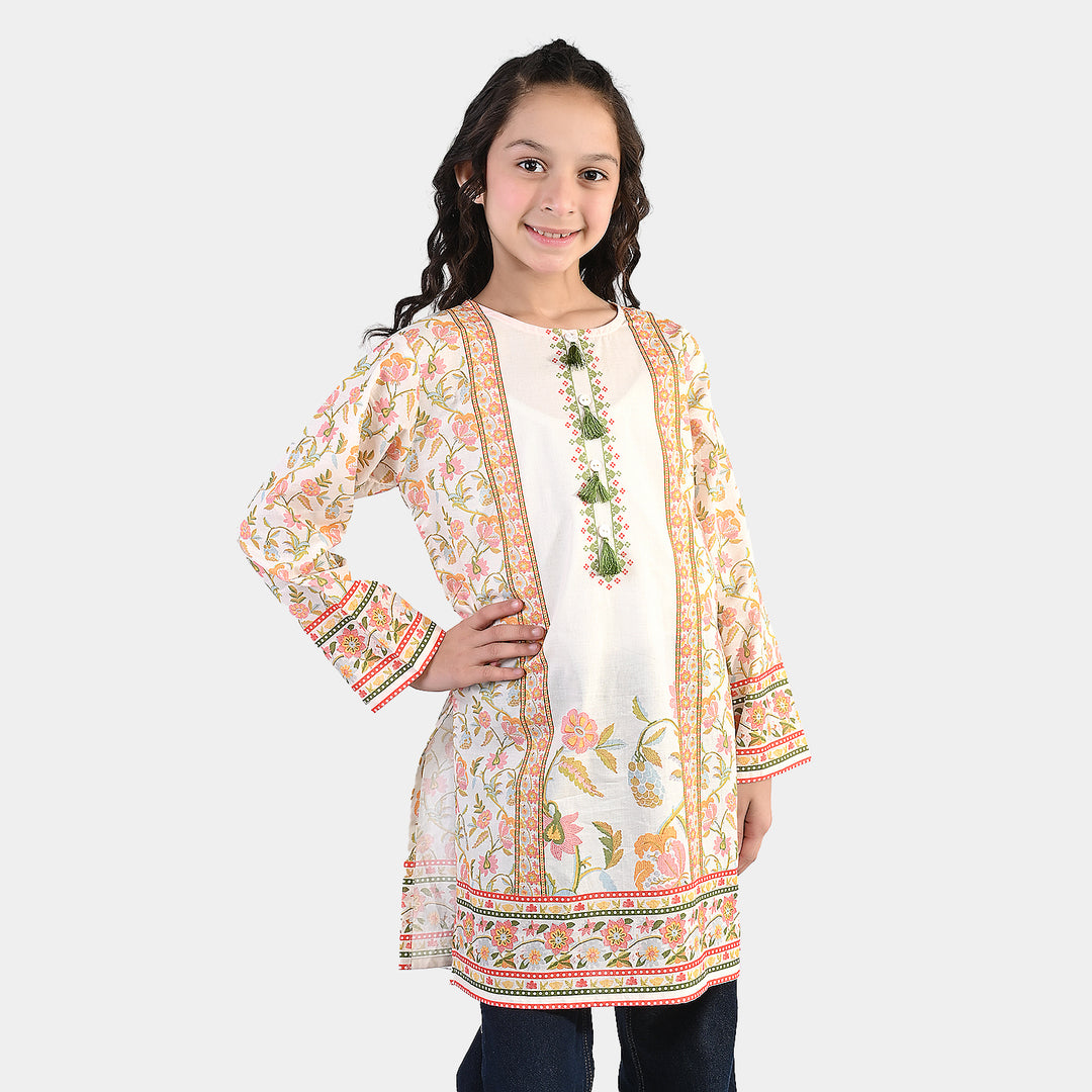 Girls Cotton Printed Kurti Orchid Floral Tassel Detail – Cream