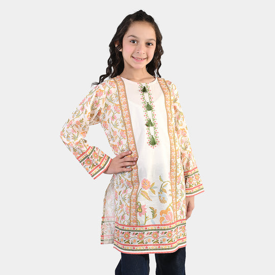 Girls Cotton Printed Kurti Orchid Floral Tassel Detail – Cream