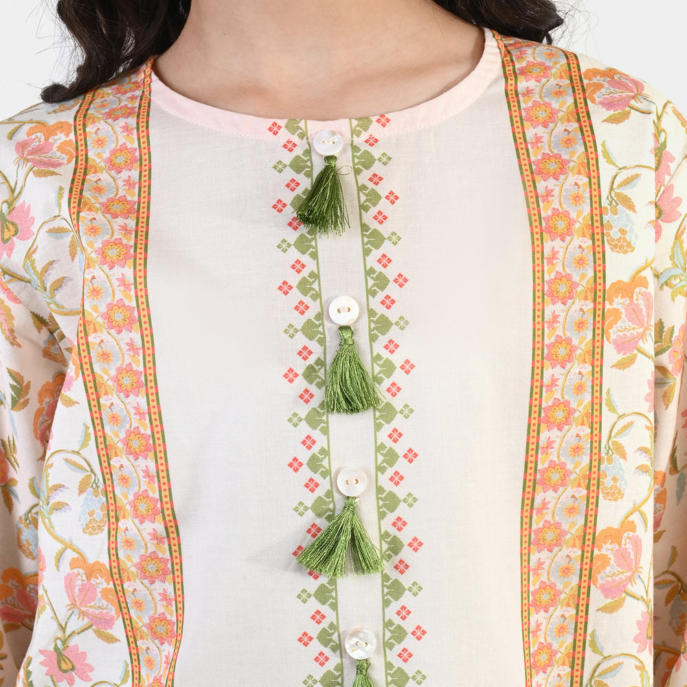 Girls Cotton Printed Kurti Orchid Floral Tassel Detail – Cream