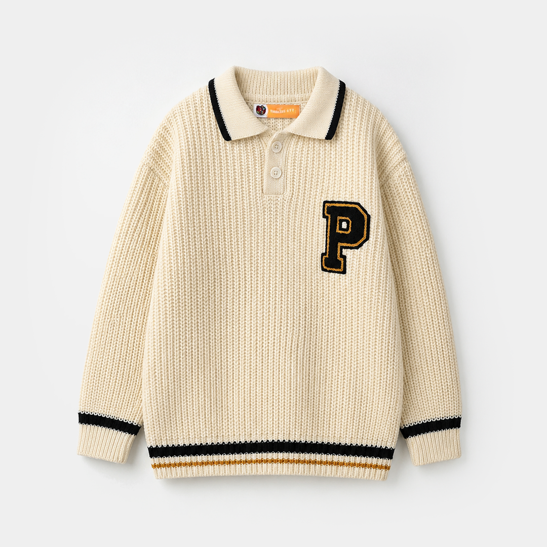 Boys Acrylic Sweater - Letter P - Off White