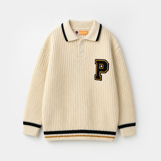 Boys Acrylic Sweater - Letter P - Off White