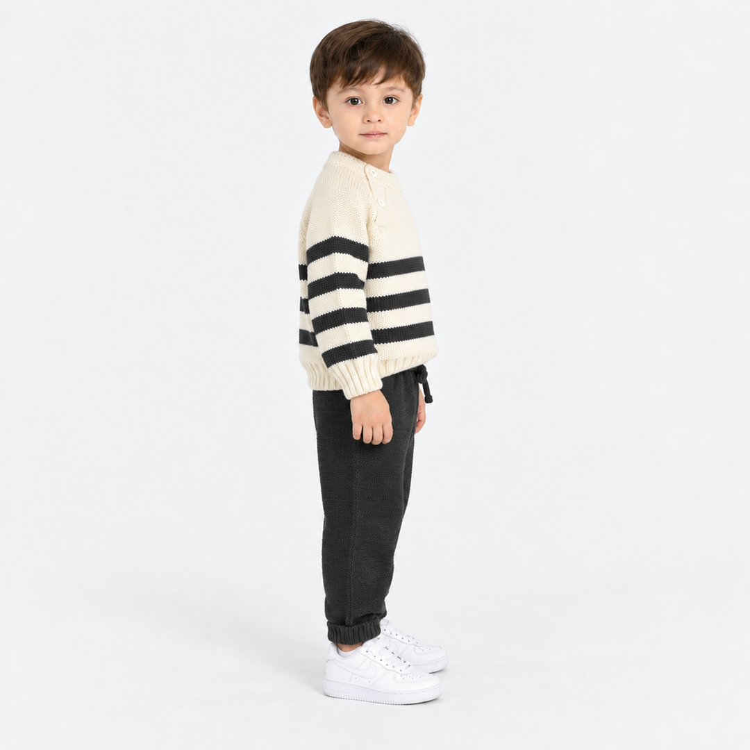Infant Boys Acrylic Co Ord Set-Cross Stripe- Grey/Off-White