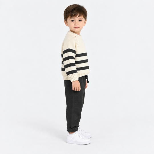 Infant Boys Acrylic Co Ord Set-Cross Stripe- Grey/Off-White