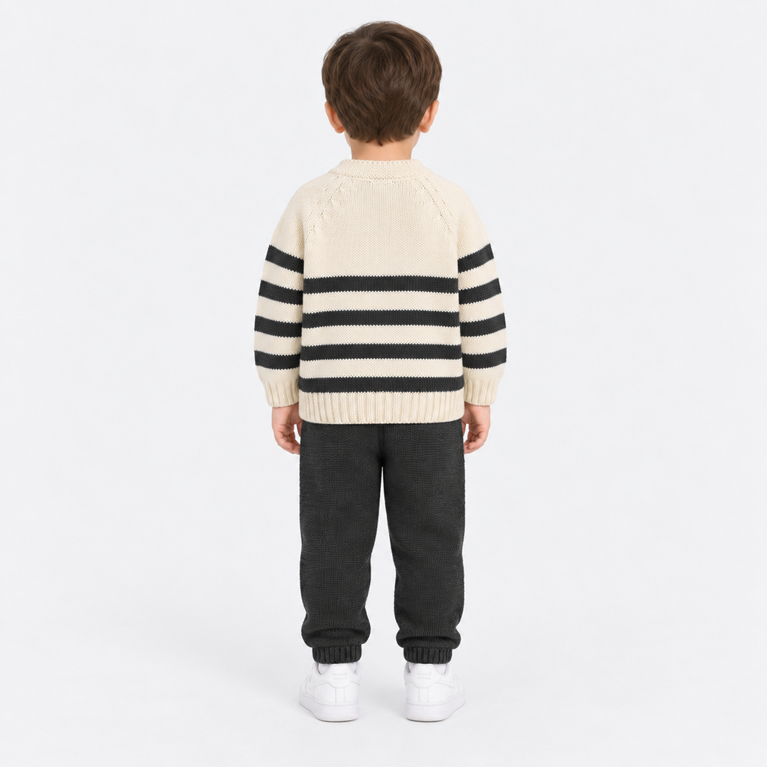 Infant Boys Acrylic Co Ord Set-Cross Stripe- Grey/Off-White