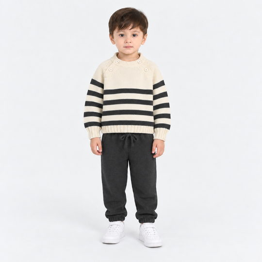 Infant Boys Acrylic Co Ord Set-Cross Stripe- Grey/Off-White