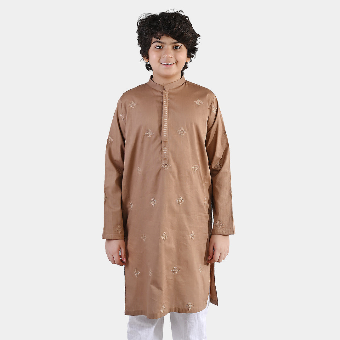 Boys Cotton Slub EMB Kurta (Wood Smoke)-BROWN