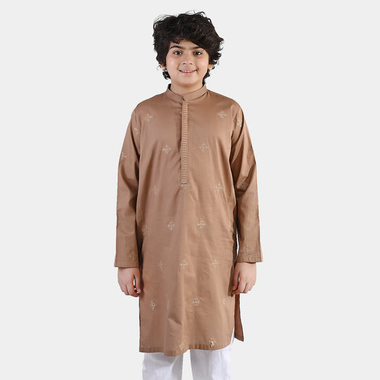 Boys Cotton Slub EMB Kurta (Wood Smoke)-BROWN
