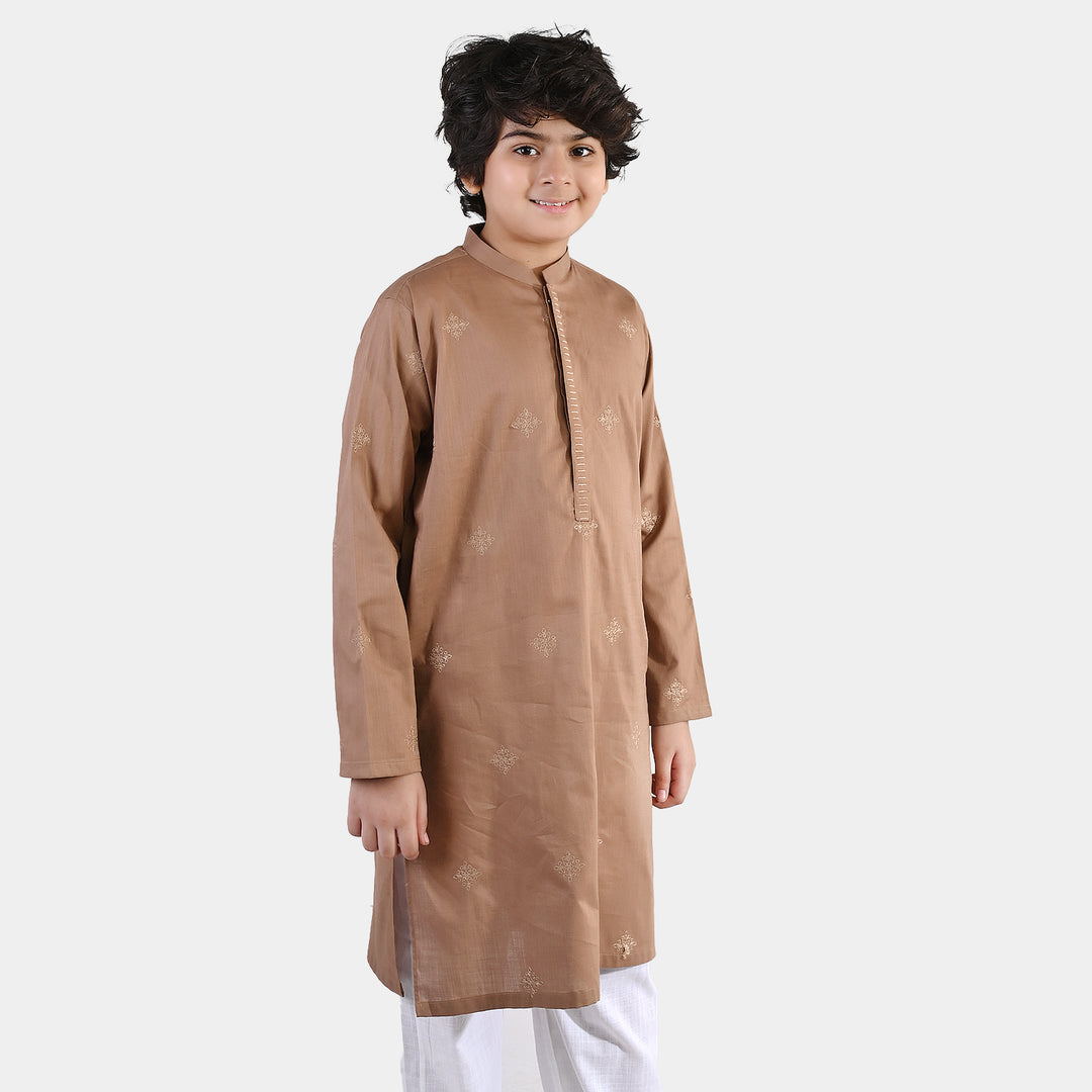 Boys Cotton Slub EMB Kurta (Wood Smoke)-BROWN