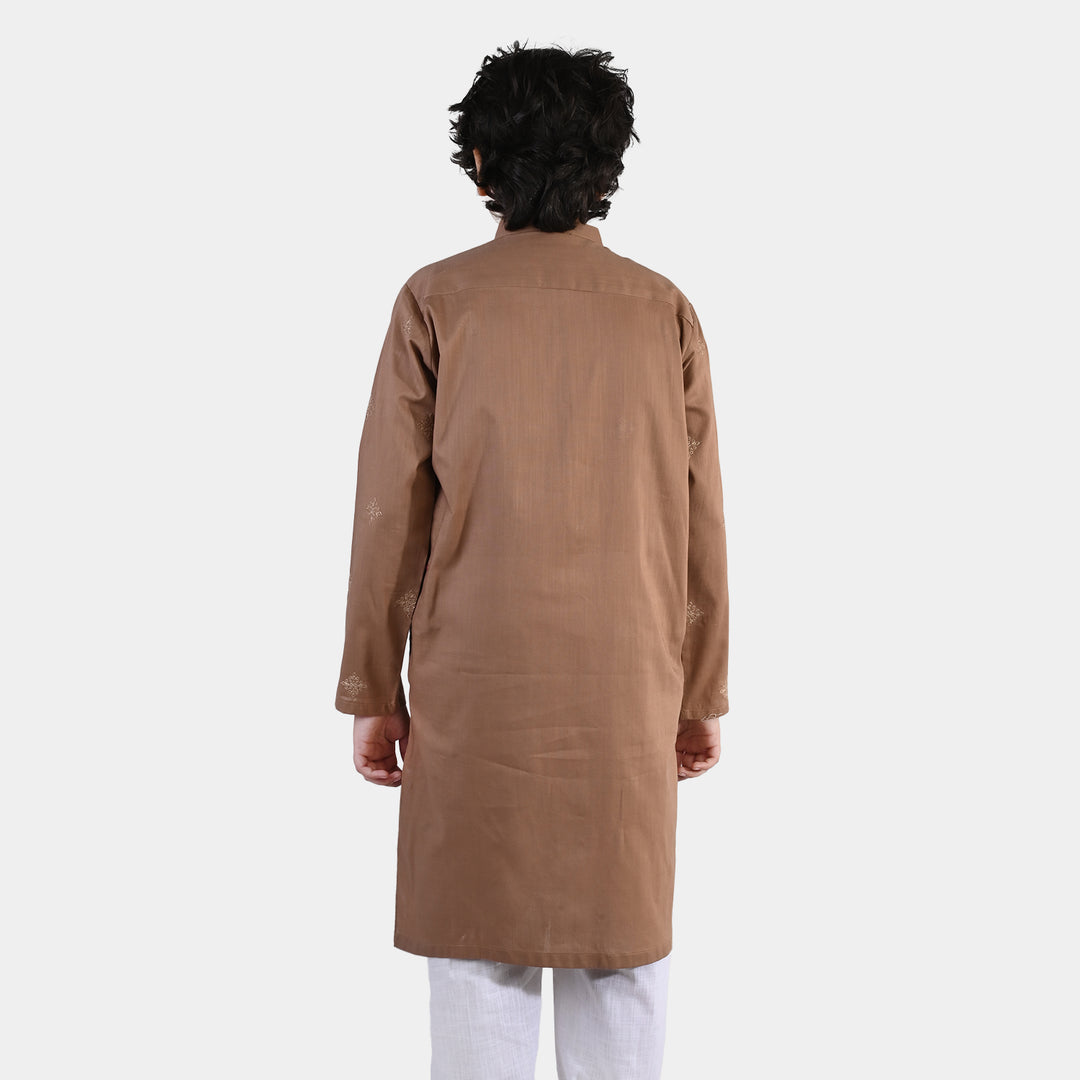 Boys Cotton Slub EMB Kurta (Wood Smoke)-BROWN