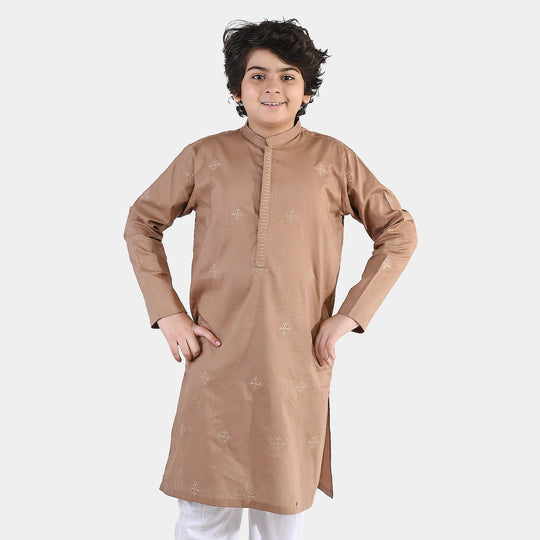 Boys Cotton Slub EMB Kurta (Wood Smoke)-BROWN