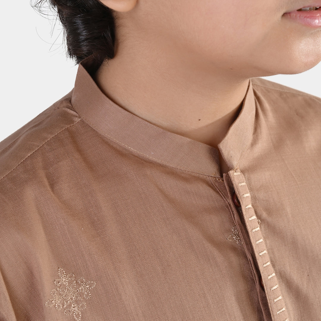 Boys Cotton Slub EMB Kurta (Wood Smoke)-BROWN