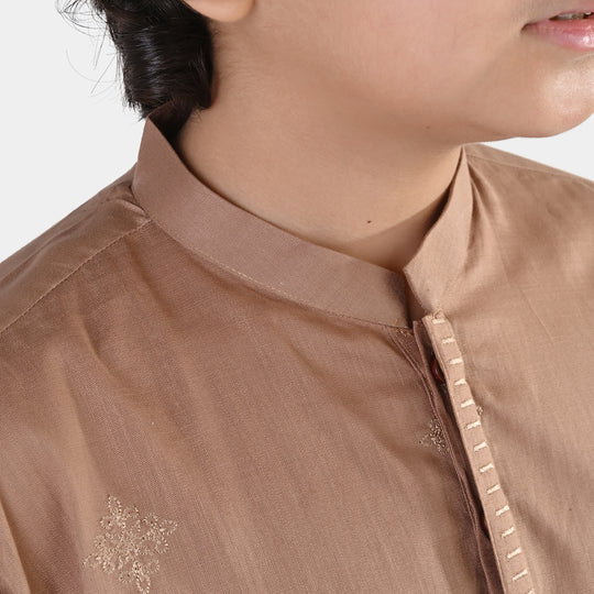 Boys Cotton Slub EMB Kurta (Wood Smoke)-BROWN