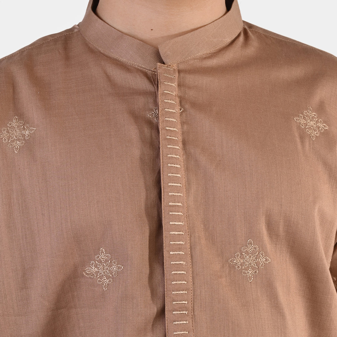 Boys Cotton Slub EMB Kurta (Wood Smoke)-BROWN