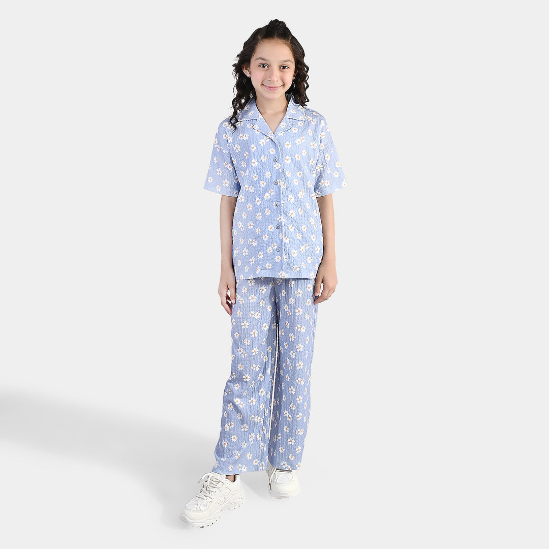 Girls Poly Crinkle 2 Piece Suit Flowers-Purple