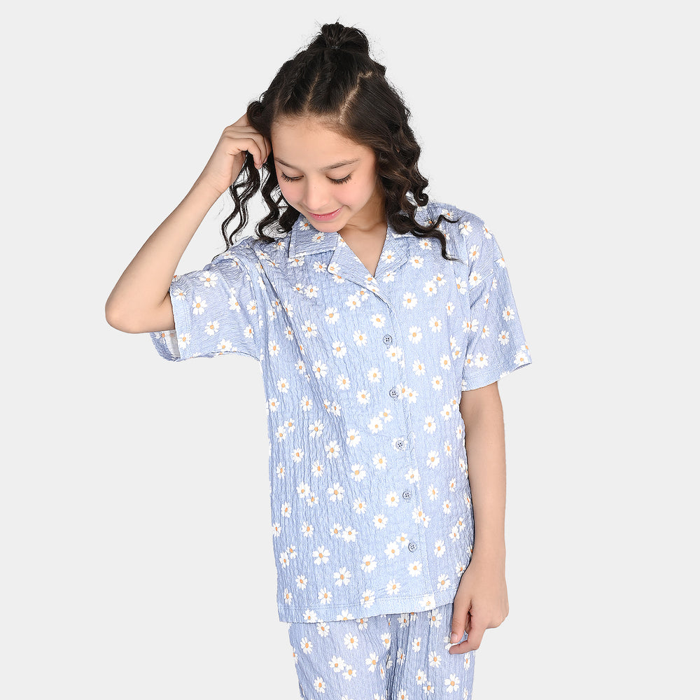 Girls Poly Crinkle 2 Piece Suit Flowers-Purple