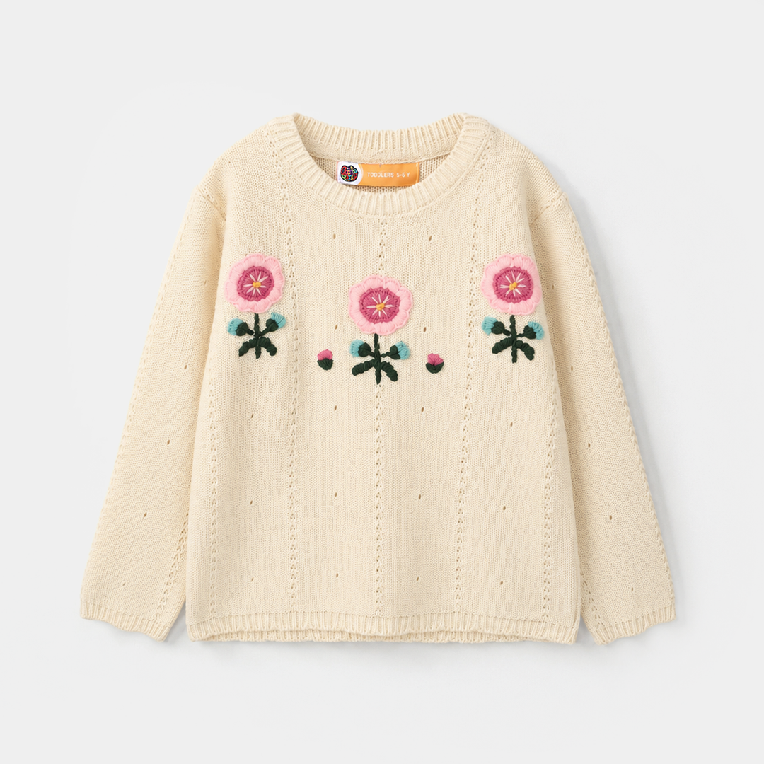 Girls Acrylic Sweater Pink Flora - Off White