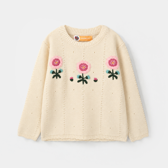 Girls Acrylic Sweater Pink Flora - Off White