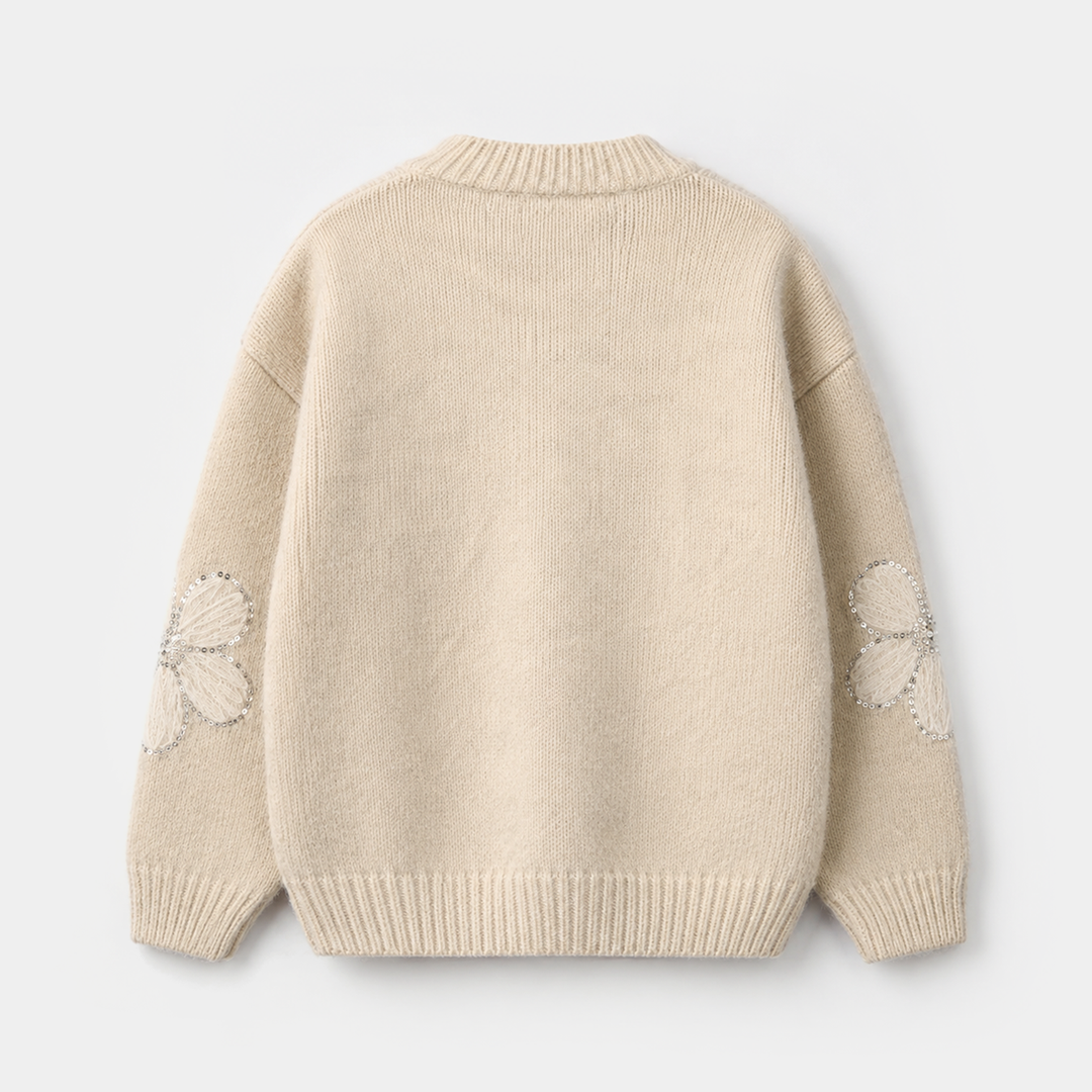 Girls Feather - Acrylic Sweater - Net Floral - Off White