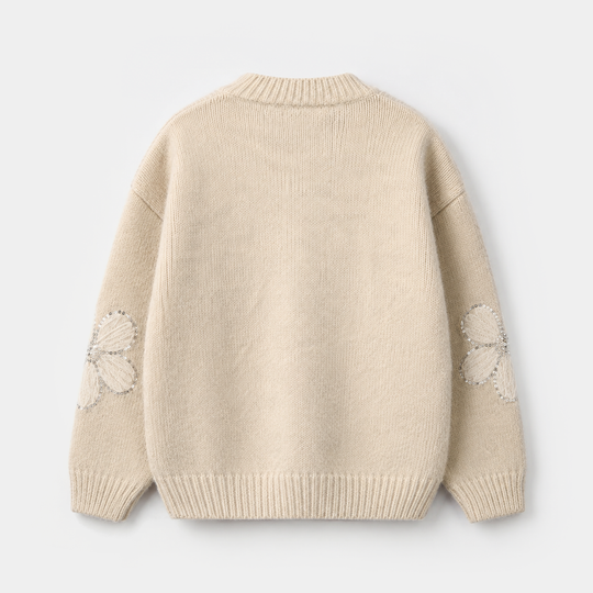 Girls Feather - Acrylic Sweater - Net Floral - Off White