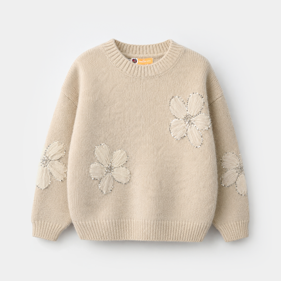Girls Feather - Acrylic Sweater - Net Floral - Off White