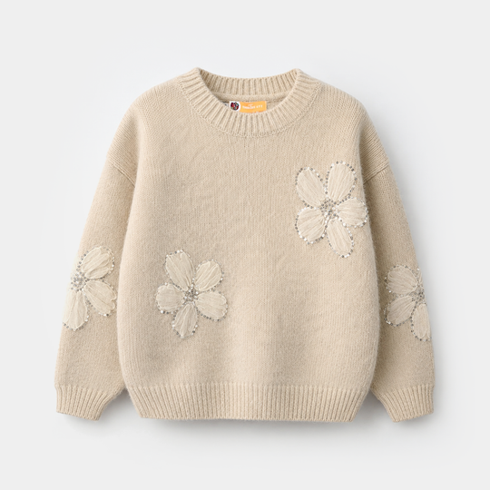 Girls Feather - Acrylic Sweater - Net Floral - Off White