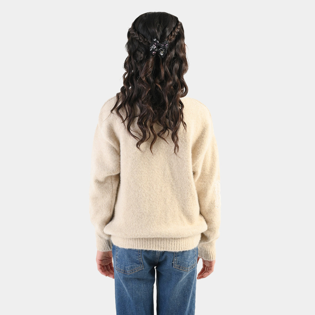 Girls Feather - Acrylic Sweater - Net Floral - Off White