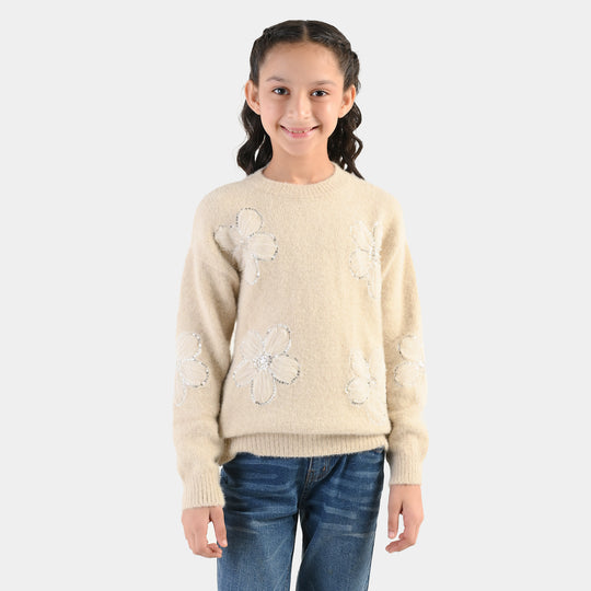 Girls Feather - Acrylic Sweater - Net Floral - Off White