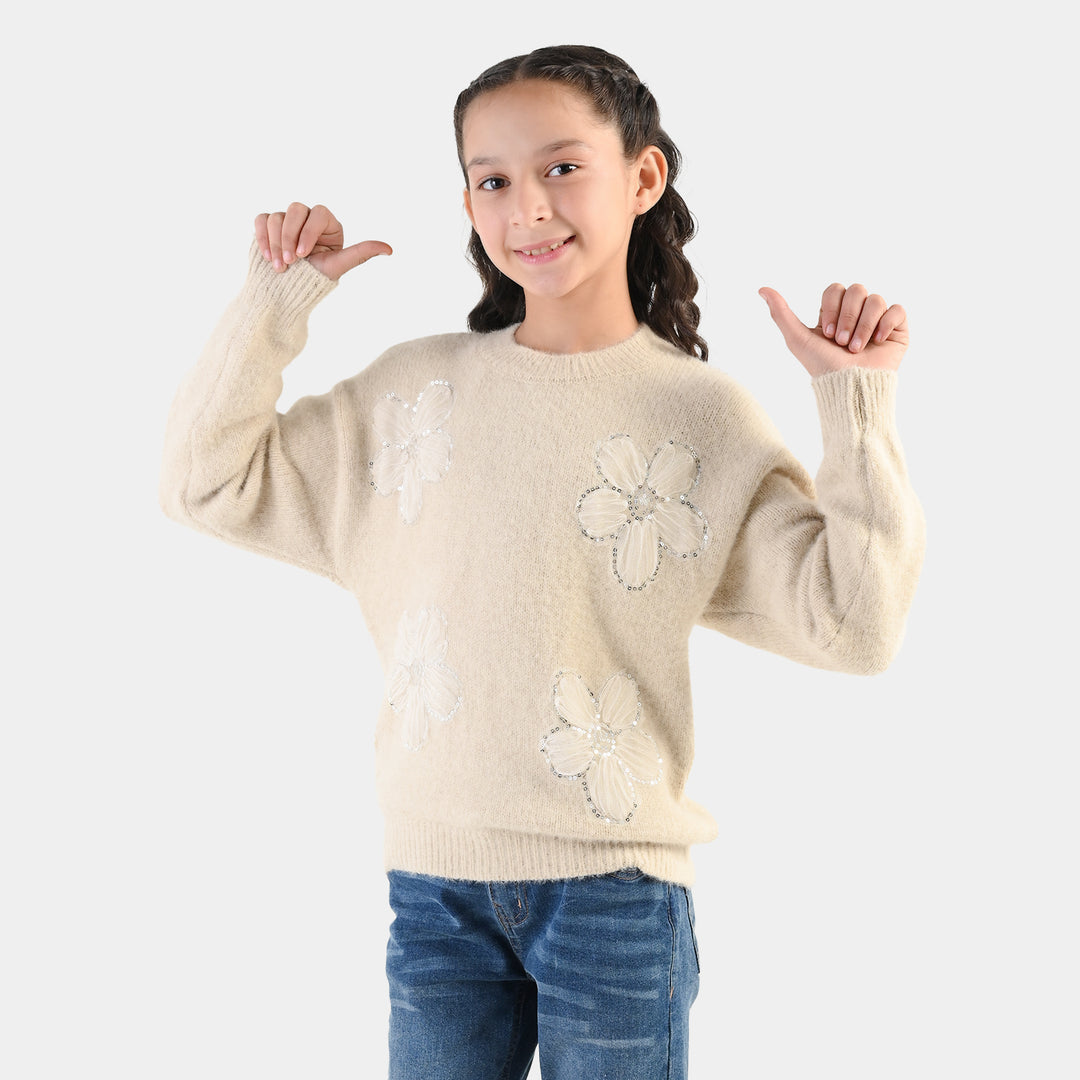 Girls Feather - Acrylic Sweater - Net Floral - Off White