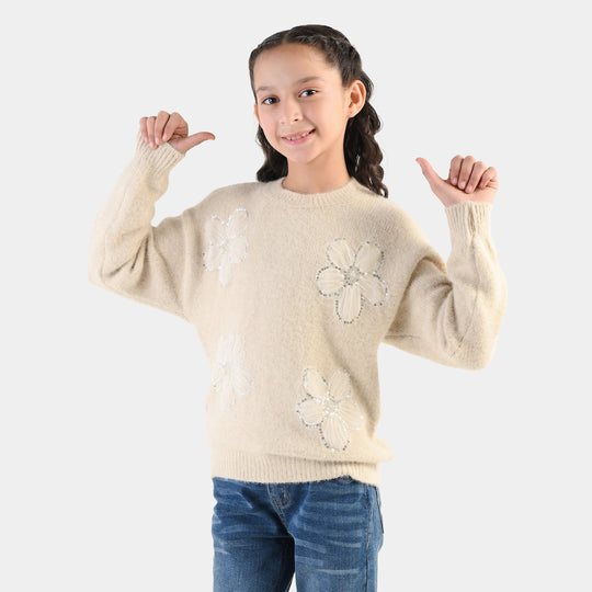 Girls Feather - Acrylic Sweater - Net Floral - Off White