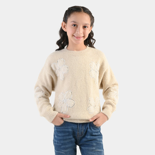 Girls Feather - Acrylic Sweater - Net Floral - Off White