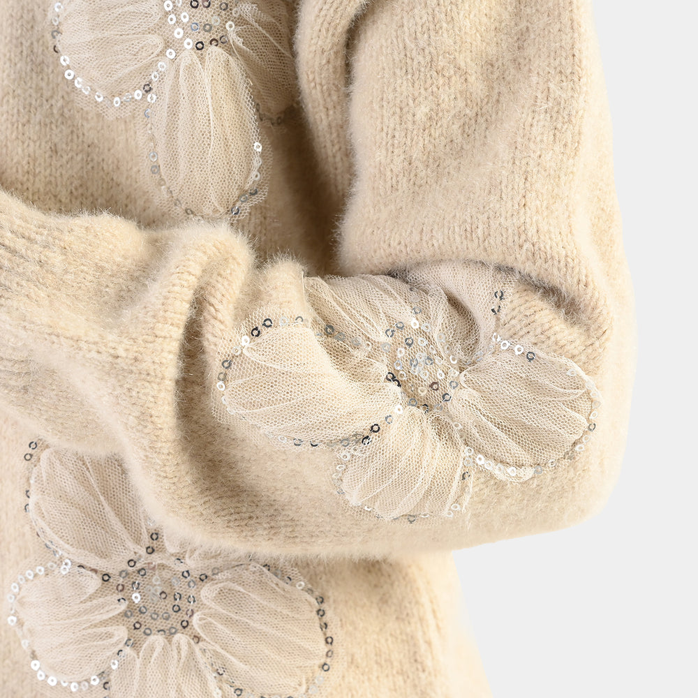 Girls Feather - Acrylic Sweater - Net Floral - Off White