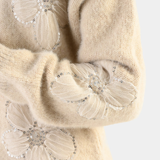 Girls Feather - Acrylic Sweater - Net Floral - Off White