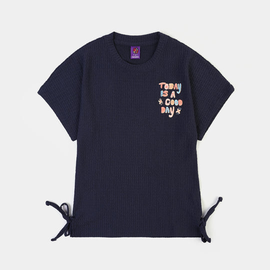 Girls Knitted Crinckle T Shirt A Good Day-Blue