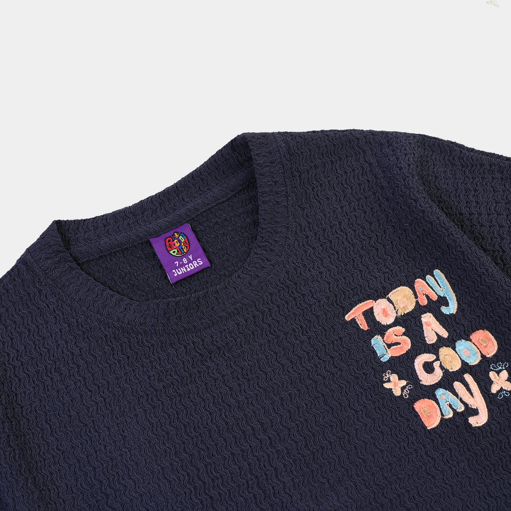 Girls Knitted Crinckle T Shirt A Good Day-Blue