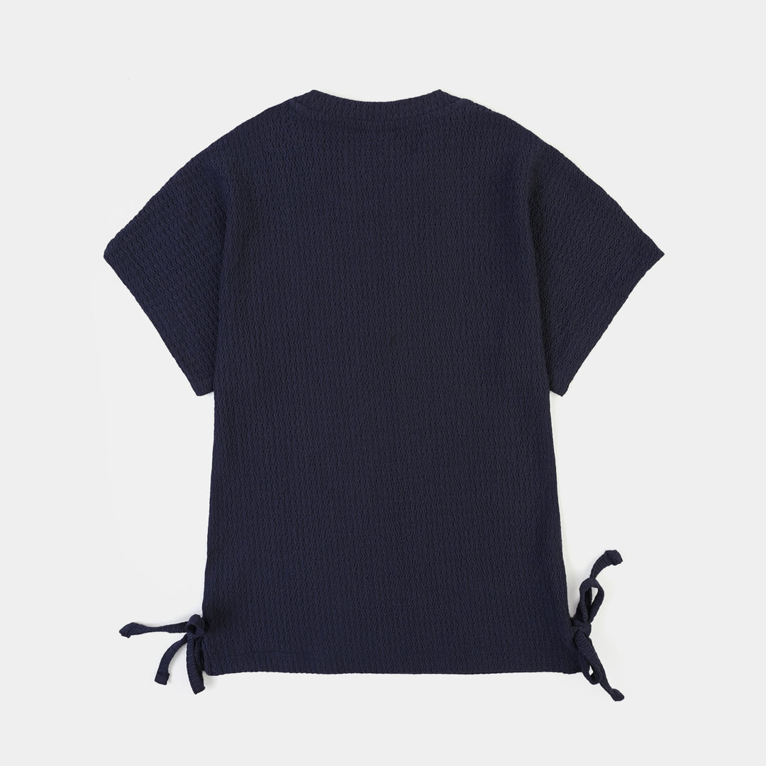 Girls Knitted Crinckle T Shirt A Good Day-Blue