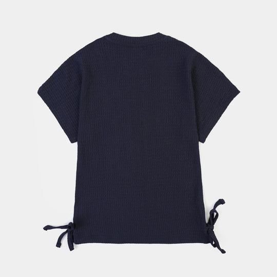 Girls Knitted Crinckle T Shirt A Good Day-Blue