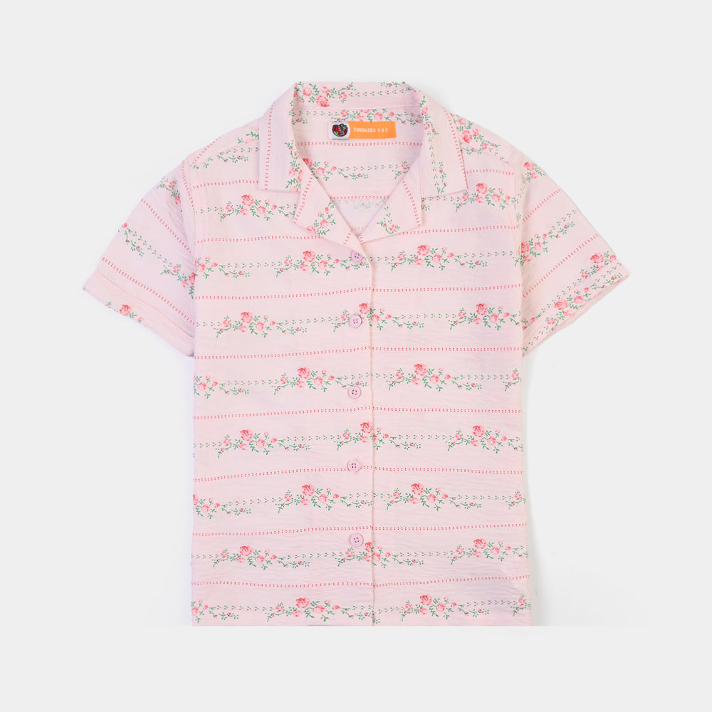 Girls Linen Viscose Nightwear-Stripe & Rose-Light Pink