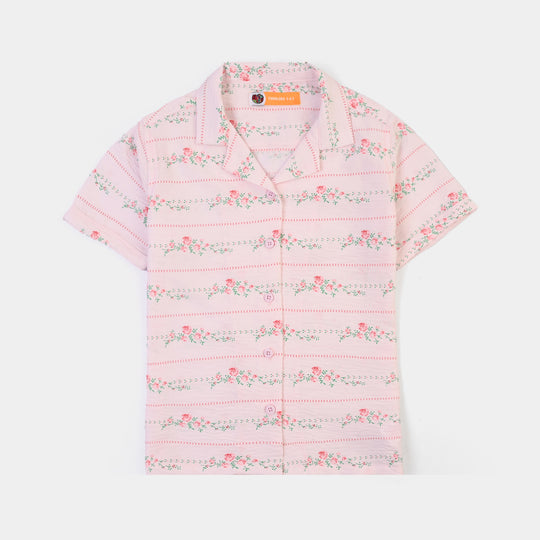Girls Linen Viscose Nightwear-Stripe & Rose-Light Pink
