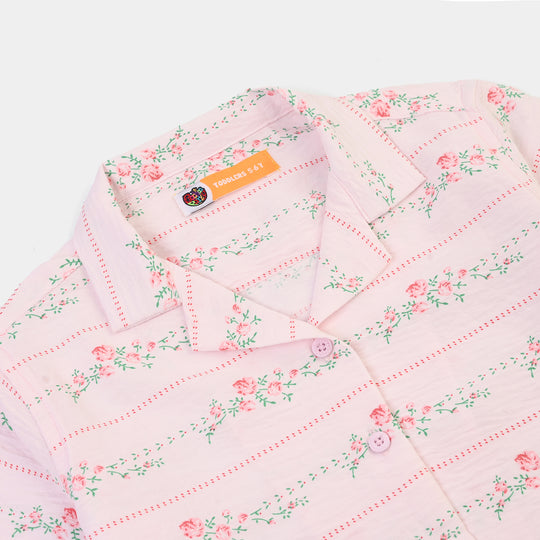 Girls Linen Viscose Nightwear-Stripe & Rose-Light Pink