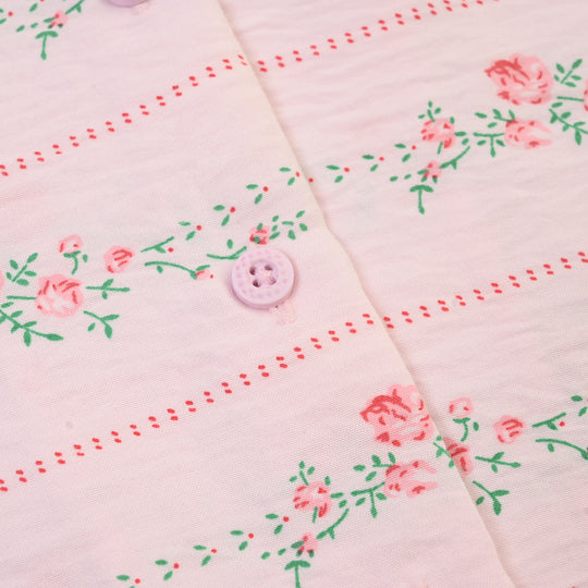 Girls Linen Viscose Nightwear-Stripe & Rose-Light Pink