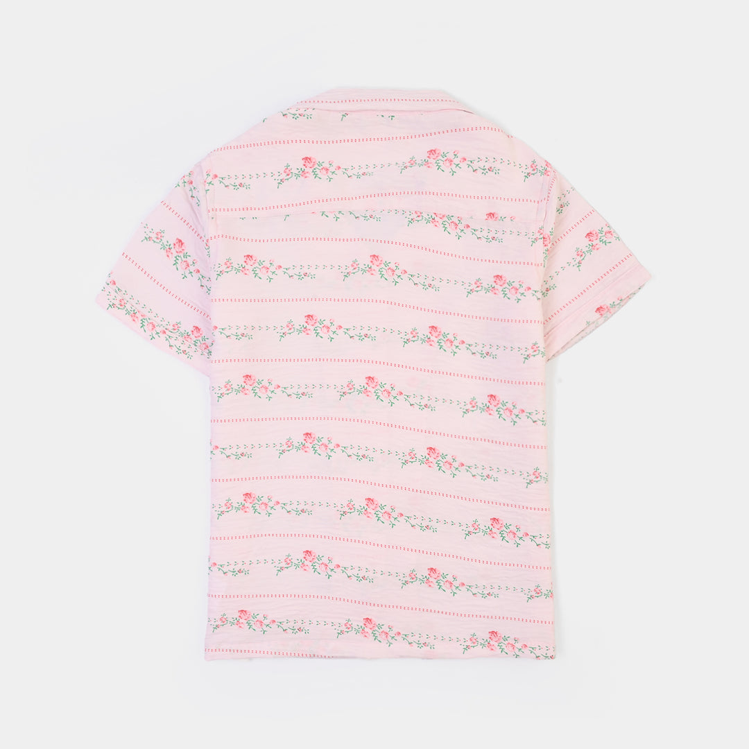 Girls Linen Viscose Nightwear-Stripe & Rose-Light Pink