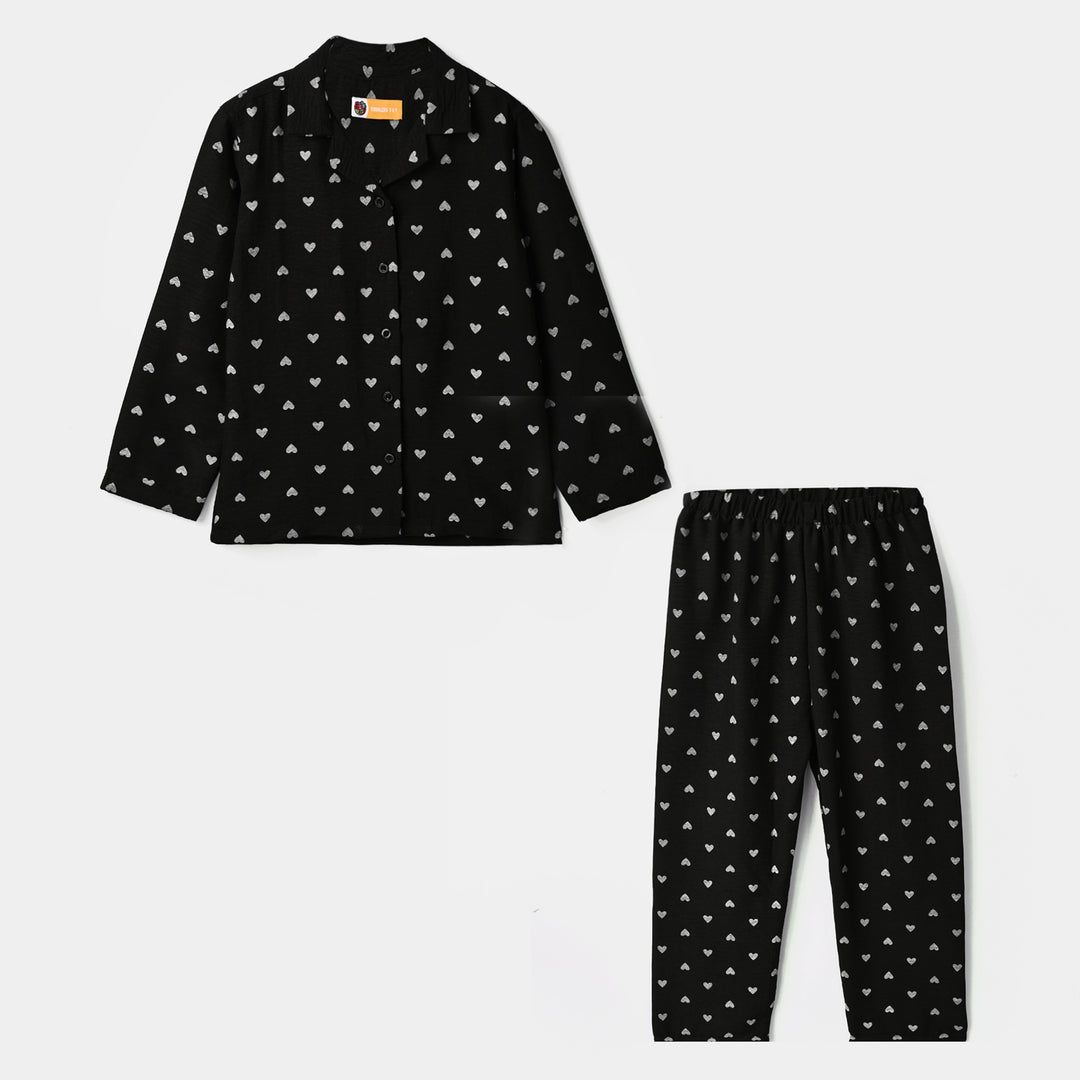 Girls Linen Viscose Nightwear-AOP Heart-BLACK