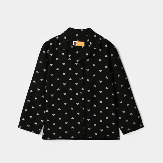 Girls Linen Viscose Nightwear-AOP Heart-BLACK