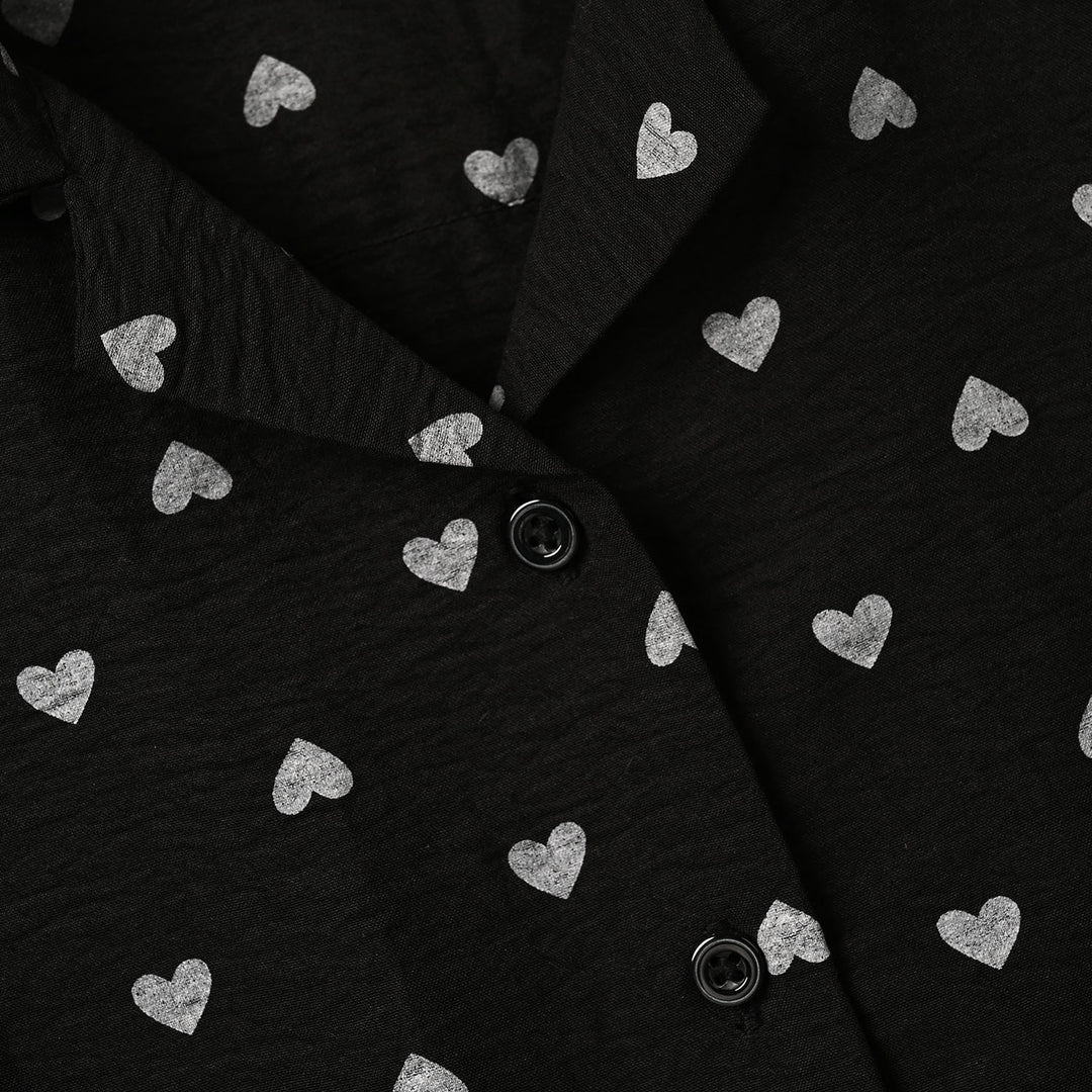 Girls Linen Viscose Nightwear-AOP Heart-BLACK