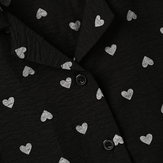 Girls Linen Viscose Nightwear-AOP Heart-BLACK