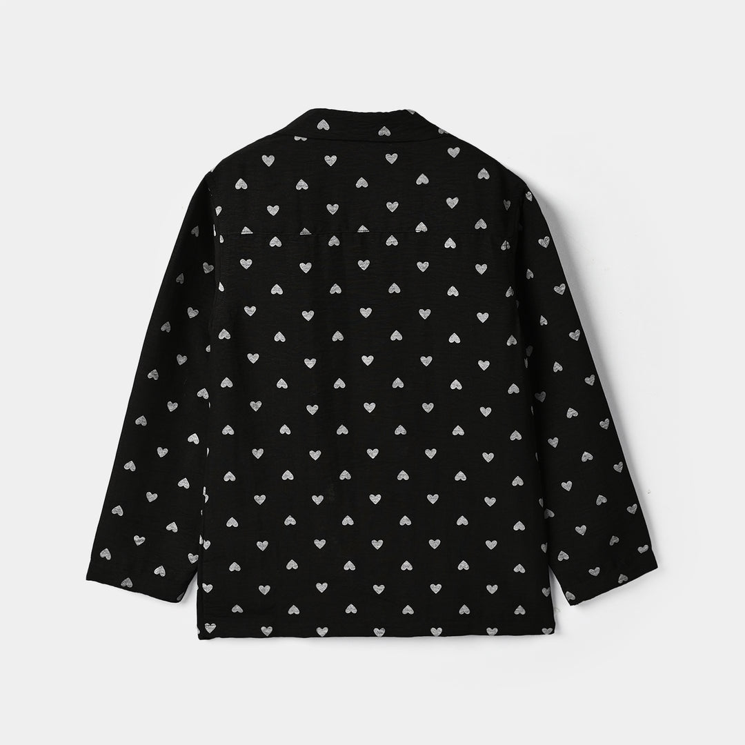 Girls Linen Viscose Nightwear-AOP Heart-BLACK