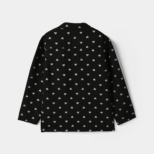 Girls Linen Viscose Nightwear-AOP Heart-BLACK